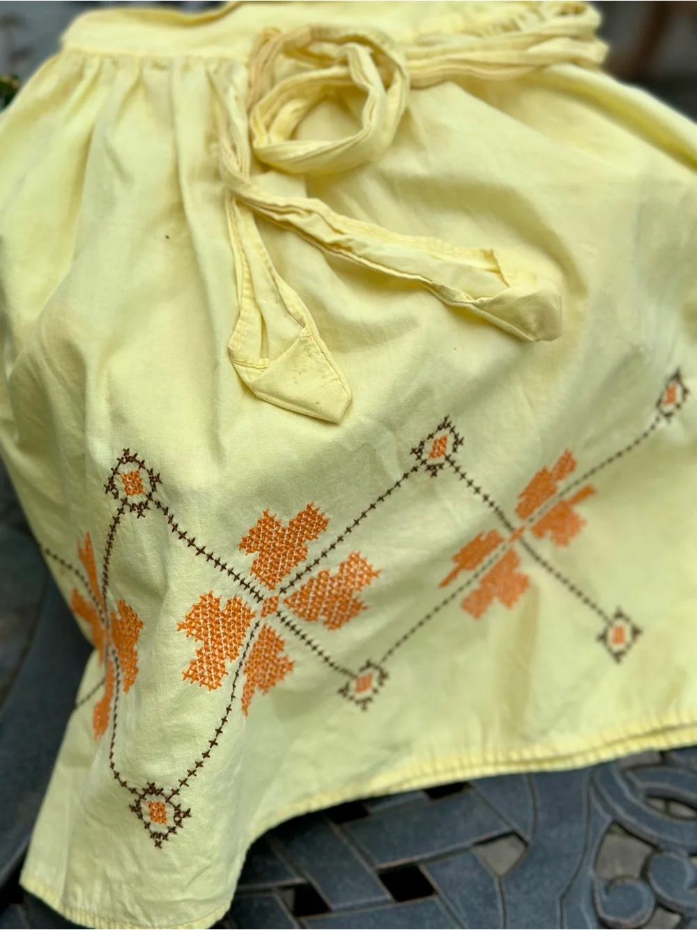 Retro Yellow Cotton Apron Cross Stitch Embroidery Pocket Cottagecore